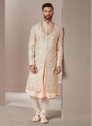 Wedding Wear Cream Embroidered Sherwani In Silk