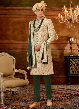 Wedding Wear Cream Hand Embroidered Sherwani