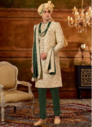 Wedding Wear Cream Hand Embroidered Sherwani