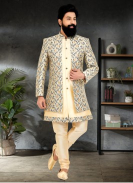 Wedding Wear Cream Jacket Style Indowestern Set