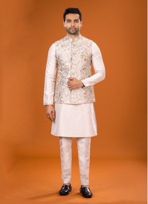 Wedding Wear Cream Nehru Jacket Set