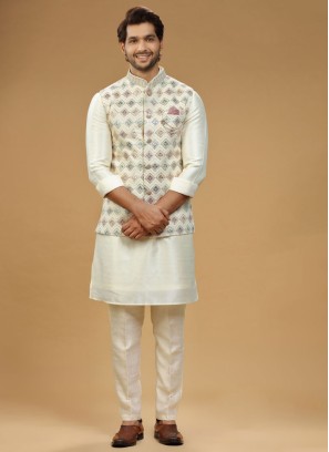 Wedding Wear Cream Nehru Jacket Set In Art Silk