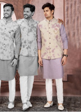 Wedding Wear Cream Thread Embroidered Nehru Jacket Set