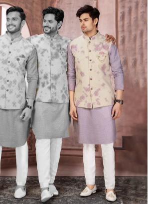 Wedding Wear Cream Thread Embroidered Nehru Jacket Set