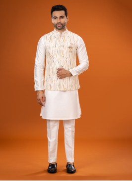 Wedding Wear Cream Zari Embroidered Nehru Jacket Set