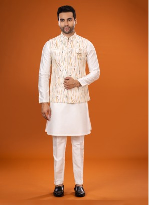 Wedding Wear Cream Zari Embroidered Nehru Jacket Set