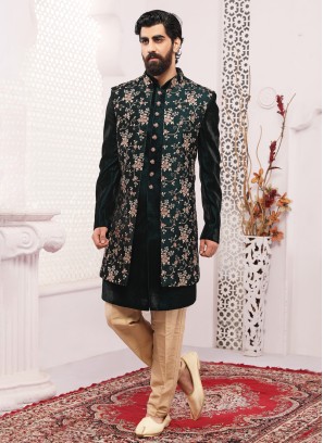 Wedding Wear Dark Green Jacket Style Indowestern