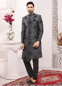 Wedding Wear Dark Grey And Black Embroidered Sherwani For Men