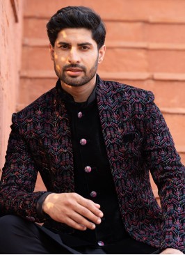 Wedding Wear Dark Navy Blue Jacket Style Indowestern