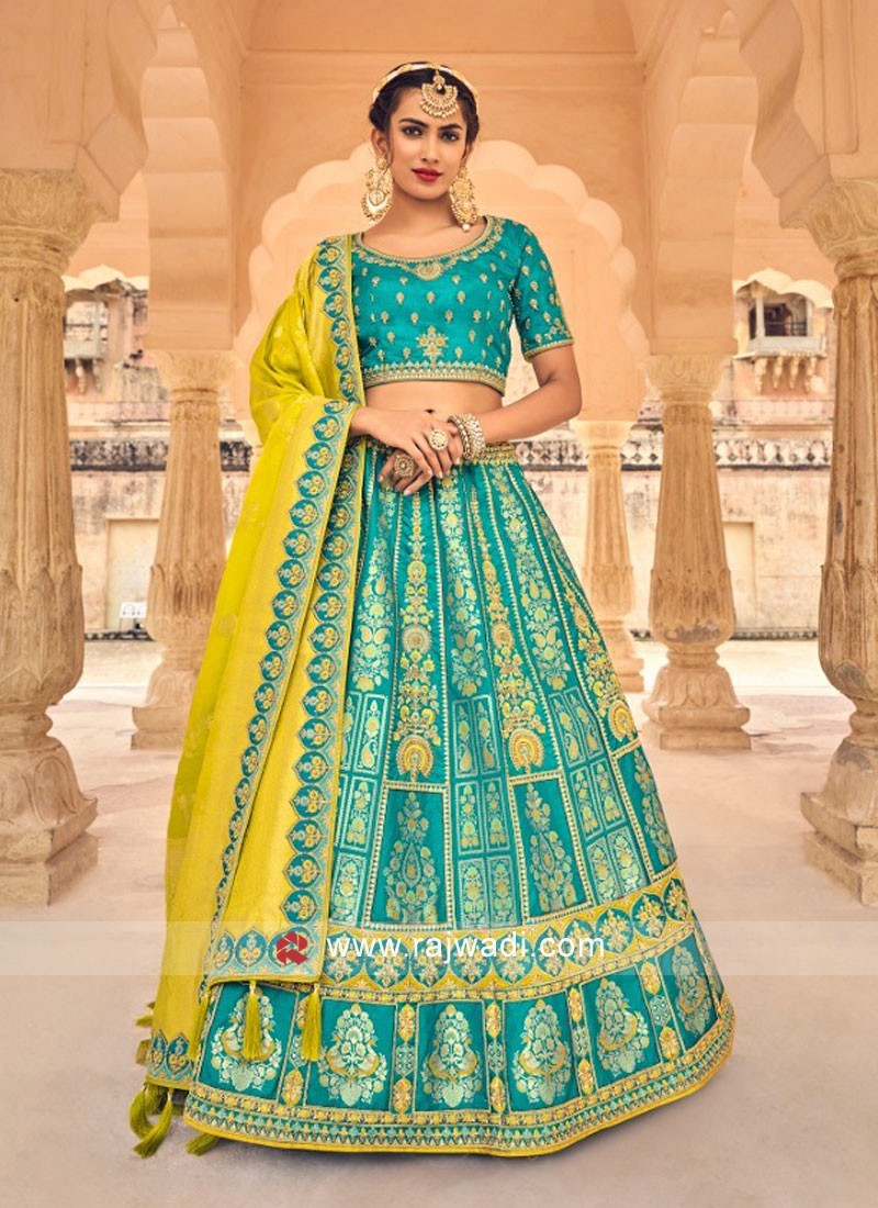 Buy Pleasing Sea Green Mirror Work Rajwadi Silk Wedding Lehenga Choli -  Zeel Clothing