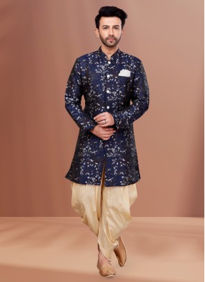 Wedding Wear Dhoti Style Navy Blue Indowestern Set