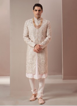 Wedding Wear Embroidered Light Pink Silk Sherwani