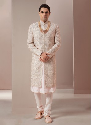 Wedding Wear Embroidered Light Pink Silk Sherwani