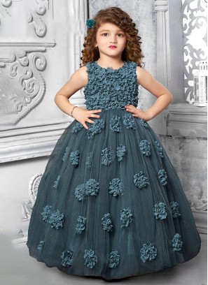 Wedding Wear Floral Patch Work Rama Blue Gown