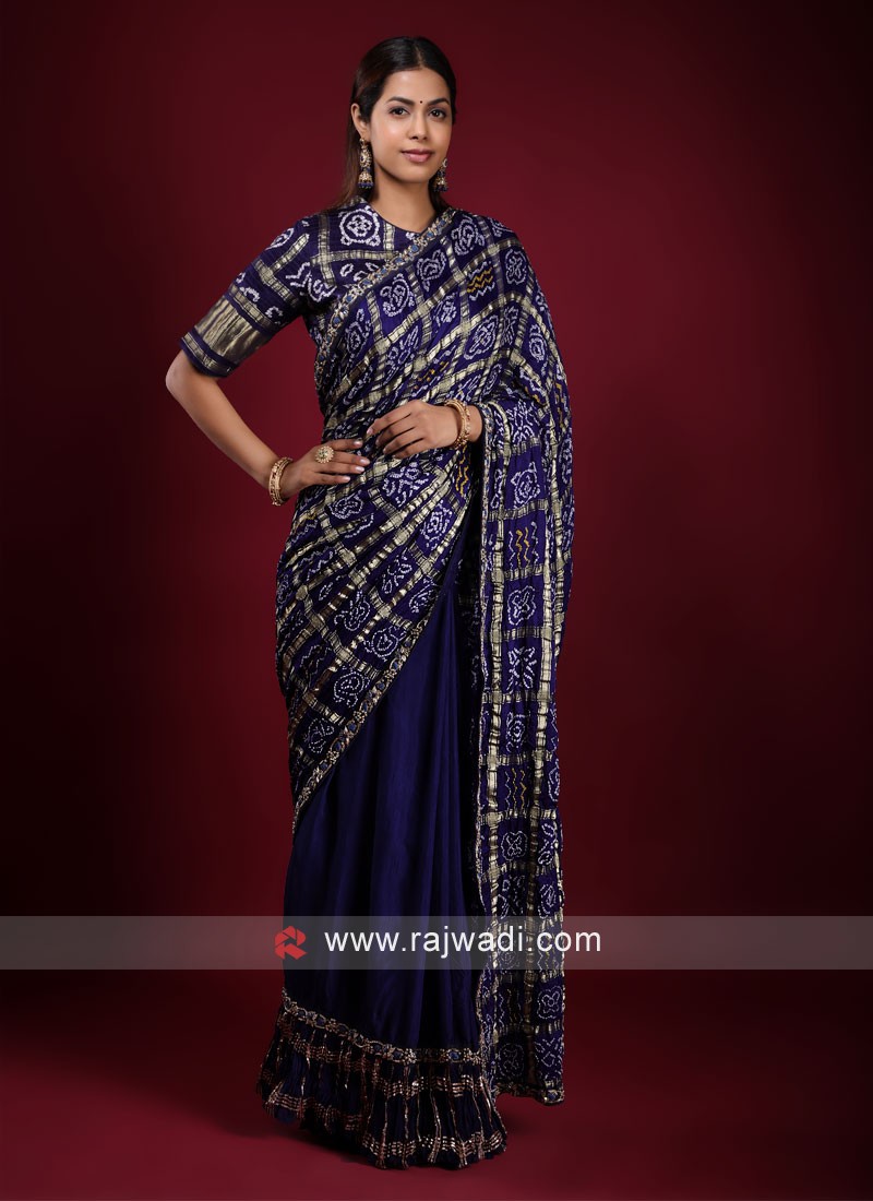 Buy bandhani saree online | Gajji silk ajrakh saree