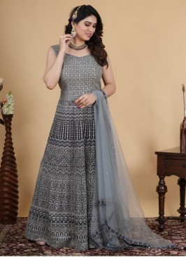 Wedding Wear Georgette Embroidered Gown In Navy Blue