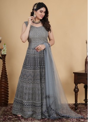 Wedding Wear Georgette Embroidered Gown In Navy Blue