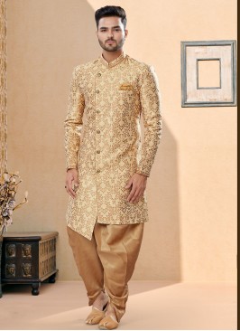 Wedding Wear Golden Cream Indowestern For Men