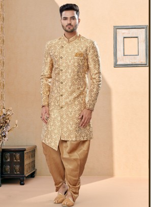 Wedding Wear Golden Cream Indowestern For Men