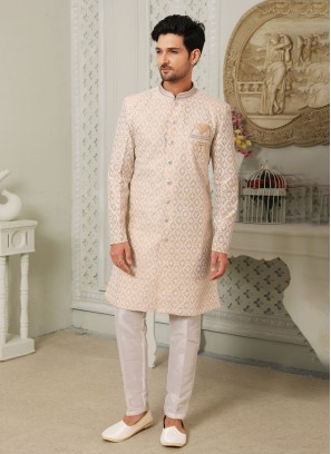 Wedding Wear Golden Cream Thread Work Indowestern