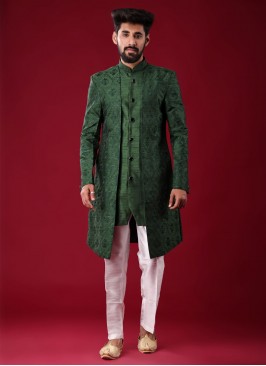 Wedding Wear Jacket Style Green Color Indowestern