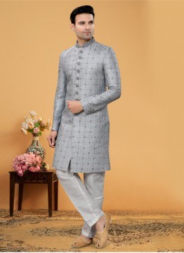 Wedding Wear Grey Embroidered Indowestern Set