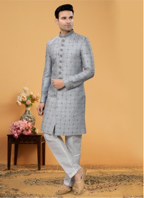 Wedding Wear Grey Embroidered Indowestern Set