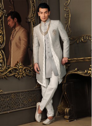 Wedding Wear Grey Embroidered Indowestern Set