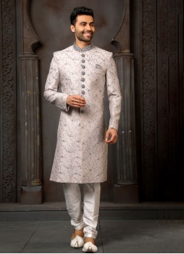 Wedding Wear Grey Embroidered Sherwani Set For Men