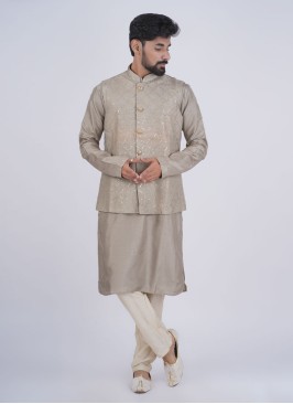 Wedding Wear Grey Nehru Jacket With Kurta