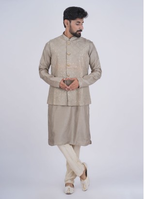 Wedding Wear Grey Nehru Jacket With Kurta