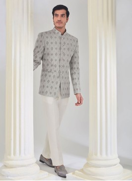 Wedding Wear Grey Thread Embroidered Jodhpuri Suit