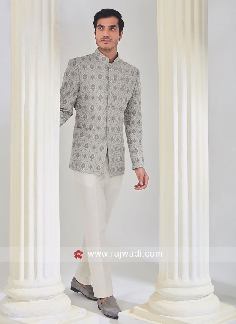 Wedding Wear Grey Thread Embroidered Jodhpuri Suit
