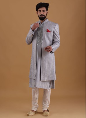 Wedding Wear Indowestern In Light Grey Color