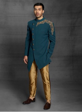 Wedding Wear Indowestern In Peacock Green Color