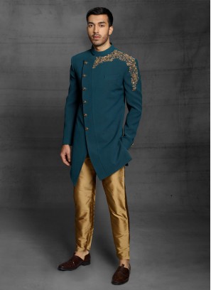 Wedding Wear Indowestern In Peacock Green Color