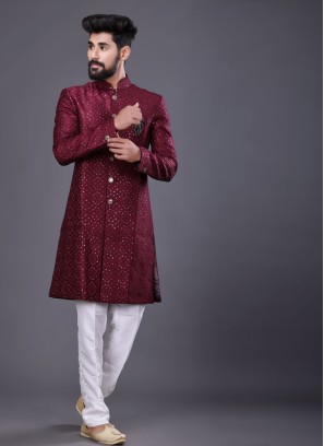 Wedding Wear Indowestern In Wine Color