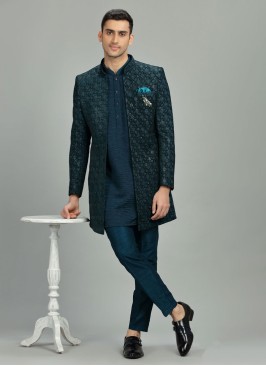 Wedding Wear Jacket Style Indowestern In Teal