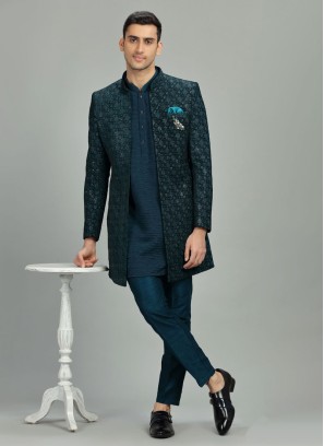 Wedding Wear Jacket Style Indowestern In Teal