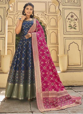 Wedding Wear Jacquard Silk Blue Anarkali Suit