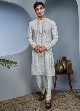 Wedding Wear Kurta Pajama In Off White Color
