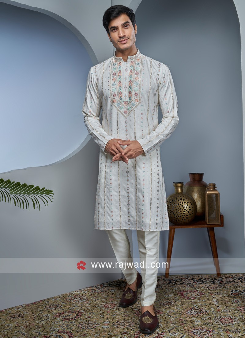 Wedding Dress Men Kurta Pajama in Cream Beige Woven Zari Fabric MKPA01110