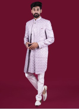 Wedding Wear Lavender Jacket Style Indowestern In Silk