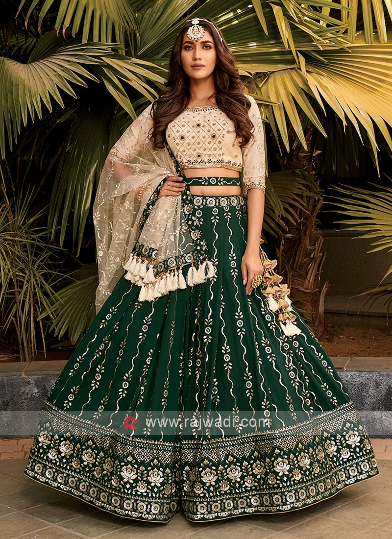 Classy Cream and Shaded Green Lehenga Saree With Stitched Blouse at Rs  5377.5/piece in Ahmedabad