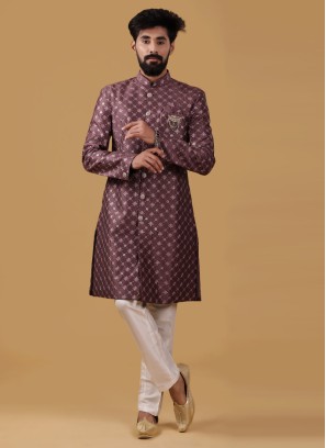 Wedding Wear Levender Color Mens Indowestern Set