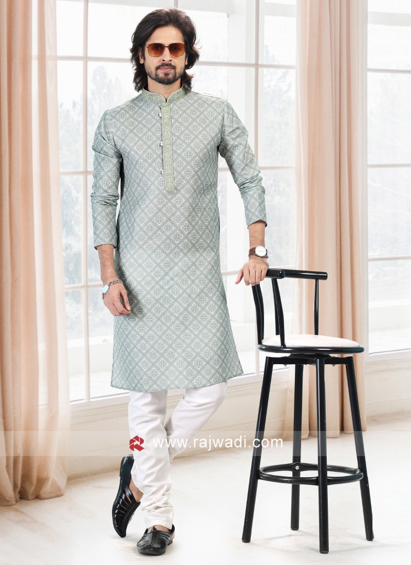 Wedding Wear Light Green Printed Kurta Pajama