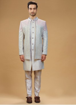Wedding Wear Light Grey Indowestern In Raw Silk