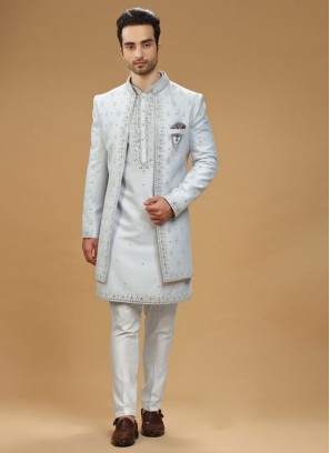 Wedding Wear Light Grey Indowestern In Raw Silk