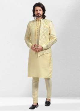Wedding Wear Light Yellow Nehru Jacket Set