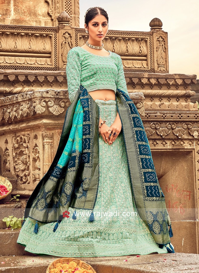 Pista Color Lucknowi Work Georgette Lehenga Choli